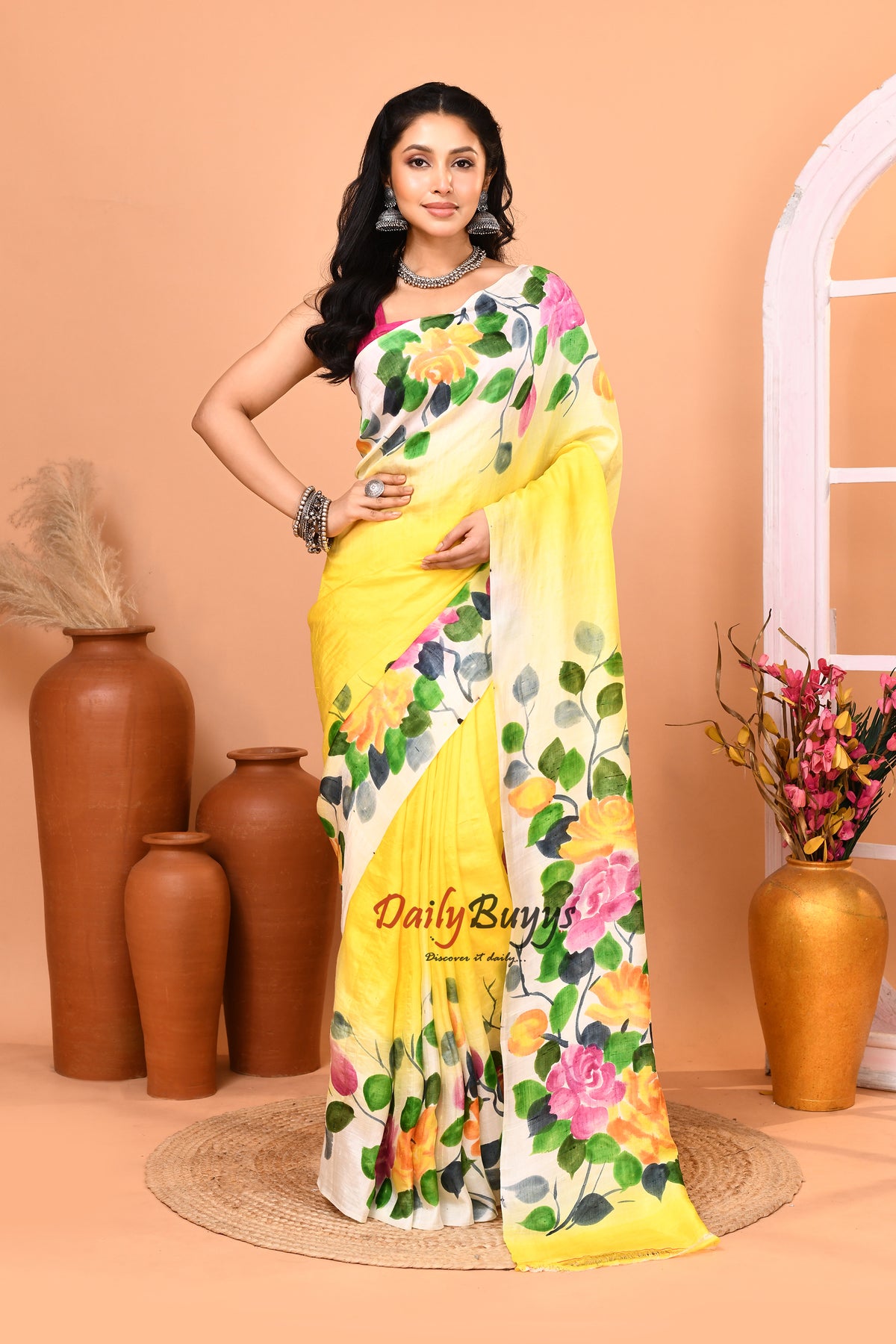 Yellow Hand Painted Pure Silk Mark Certified Bishnupuri Silk Sarees