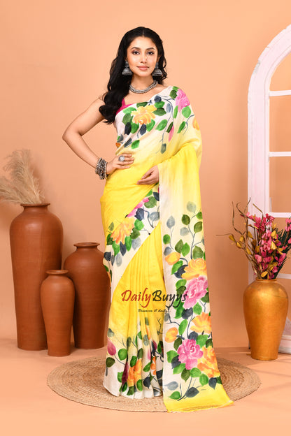 Yellow Hand Painted Pure Silk Mark Certified Bishnupuri Silk Sarees