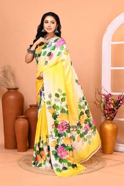 Yellow Hand Painted Pure Silk Mark Certified Bishnupuri Silk Sarees