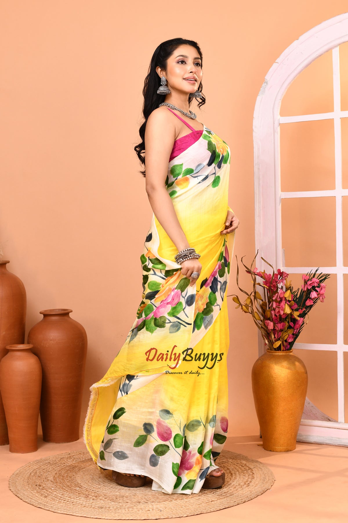 Yellow Hand Painted Pure Silk Mark Certified Bishnupuri Silk Sarees