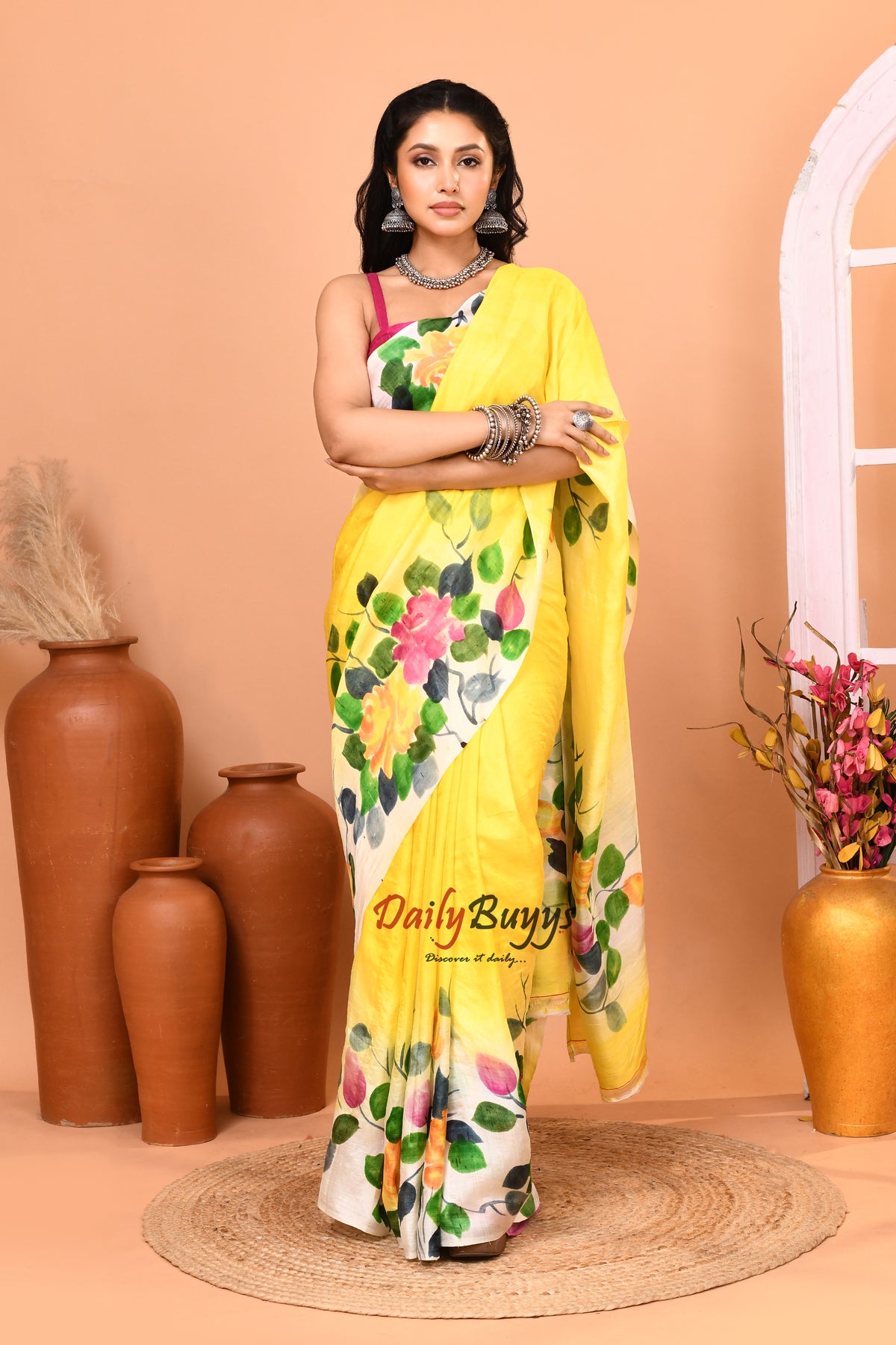Yellow Hand Painted Pure Silk Mark Certified Bishnupuri Silk Sarees