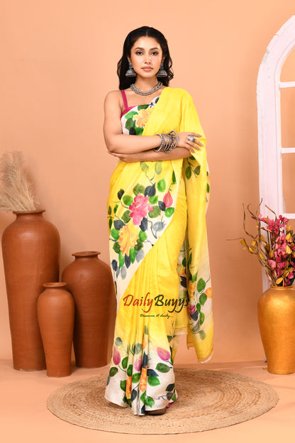 Yellow Hand Painted Pure Silk Mark Certified Bishnupuri Silk Sarees