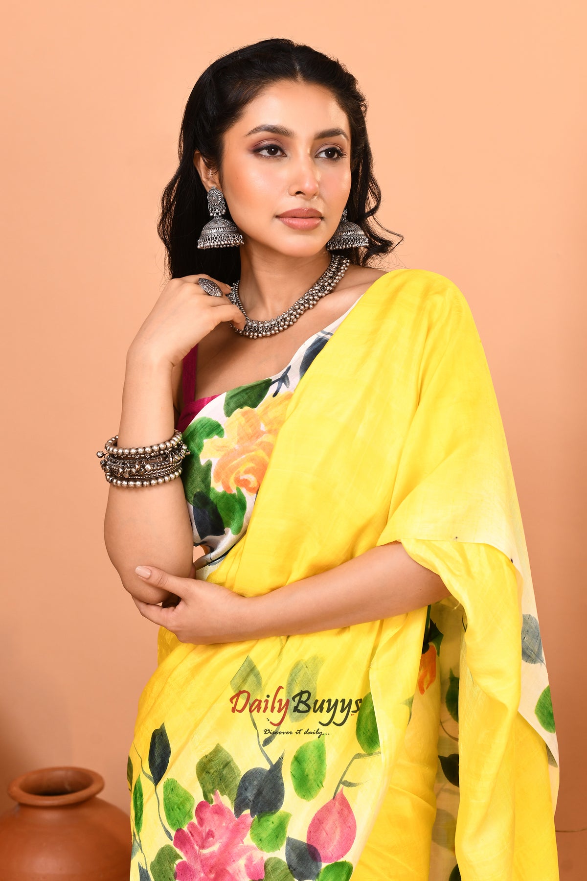 Yellow Hand Painted Pure Silk Mark Certified Bishnupuri Silk Sarees