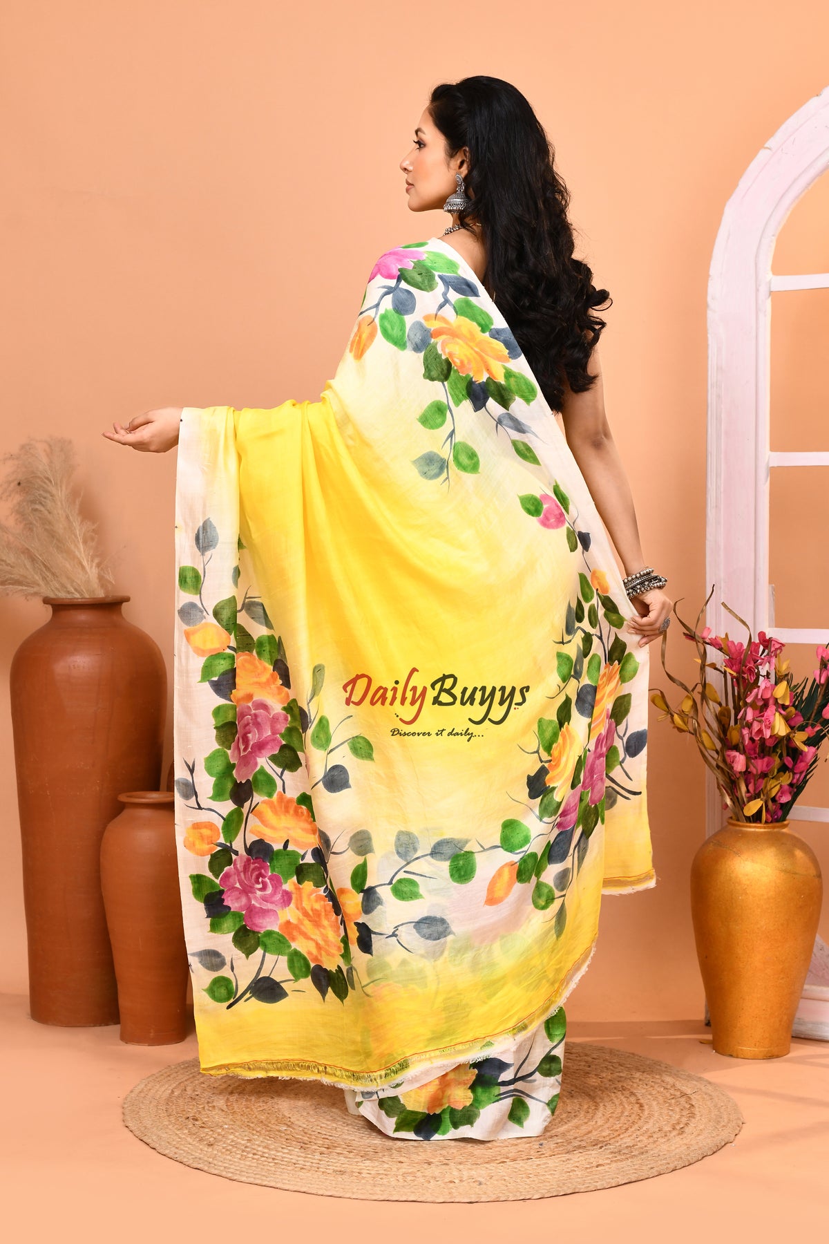 Yellow Hand Painted Pure Silk Mark Certified Bishnupuri Silk Sarees