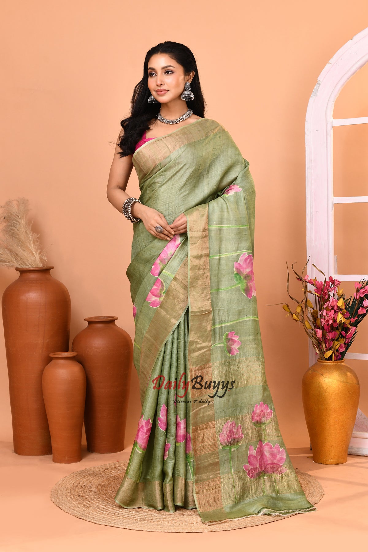 Sage Green Hand Painted Zari Border Pure Silk Mark Certified Tussar Silk Sarees