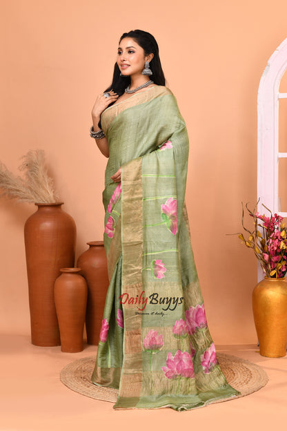 Sage Green Hand Painted Zari Border Pure Silk Mark Certified Tussar Silk Sarees