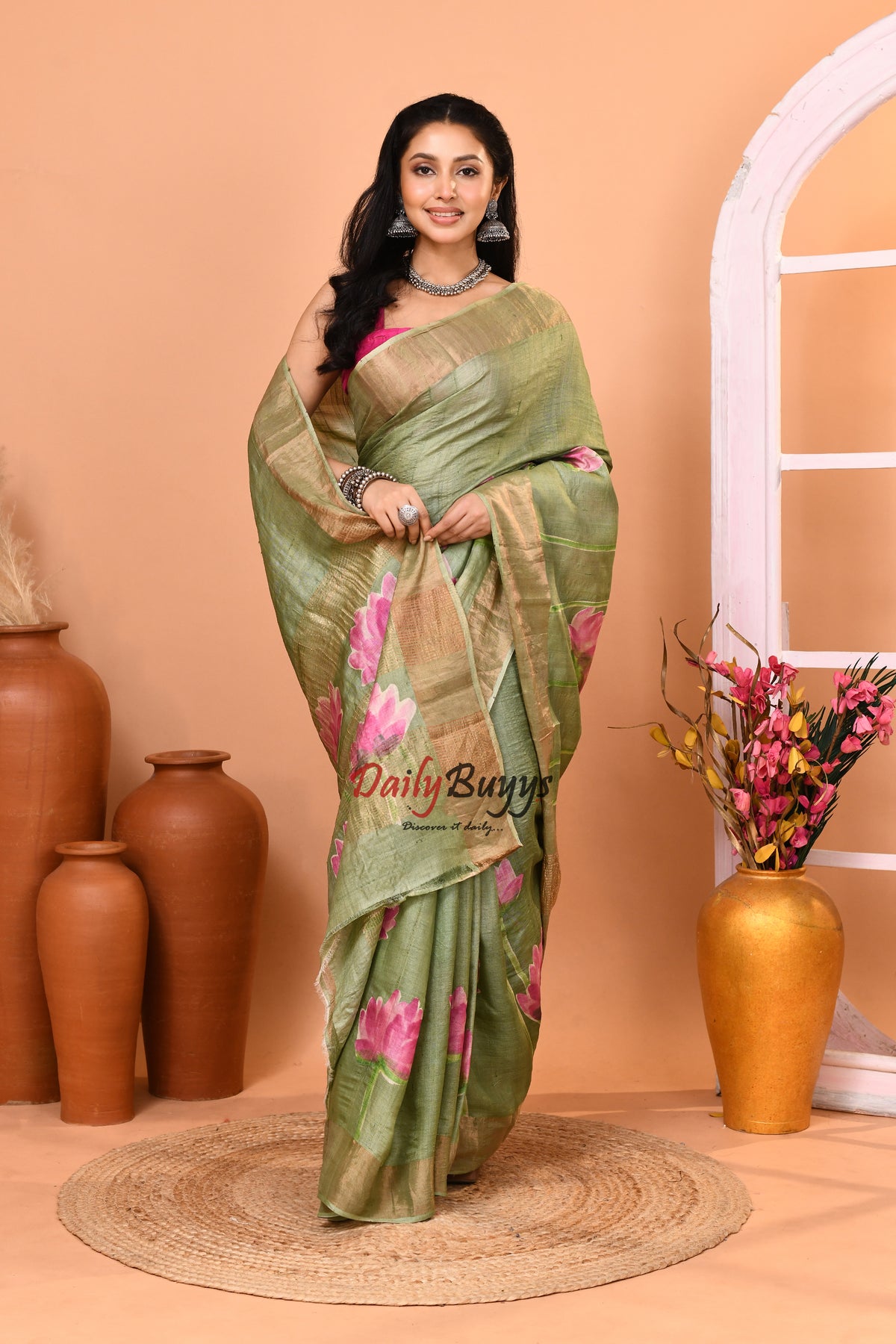 Sage Green Hand Painted Zari Border Pure Silk Mark Certified Tussar Silk Sarees