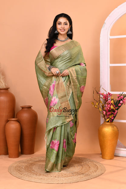Sage Green Hand Painted Zari Border Pure Silk Mark Certified Tussar Silk Sarees