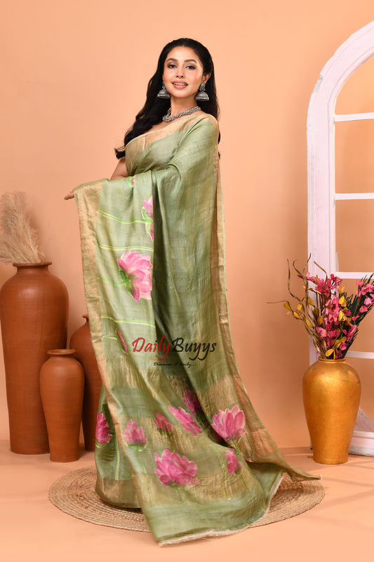 Sage Green Hand Painted Zari Border Pure Silk Mark Certified Tussar Silk Sarees