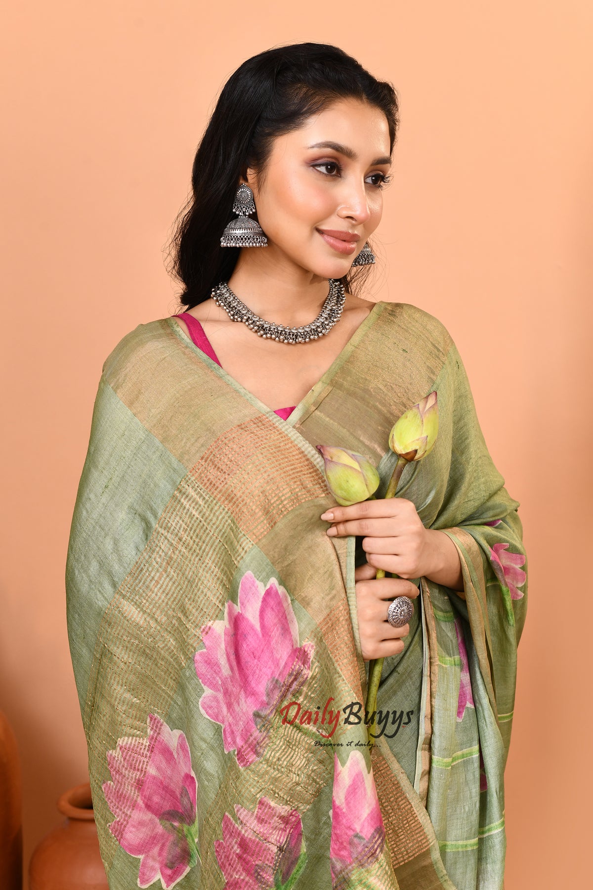 Sage Green Hand Painted Zari Border Pure Silk Mark Certified Tussar Silk Sarees