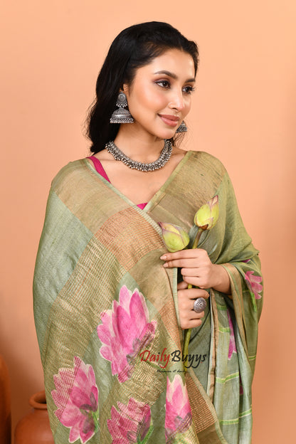 Sage Green Hand Painted Zari Border Pure Silk Mark Certified Tussar Silk Sarees