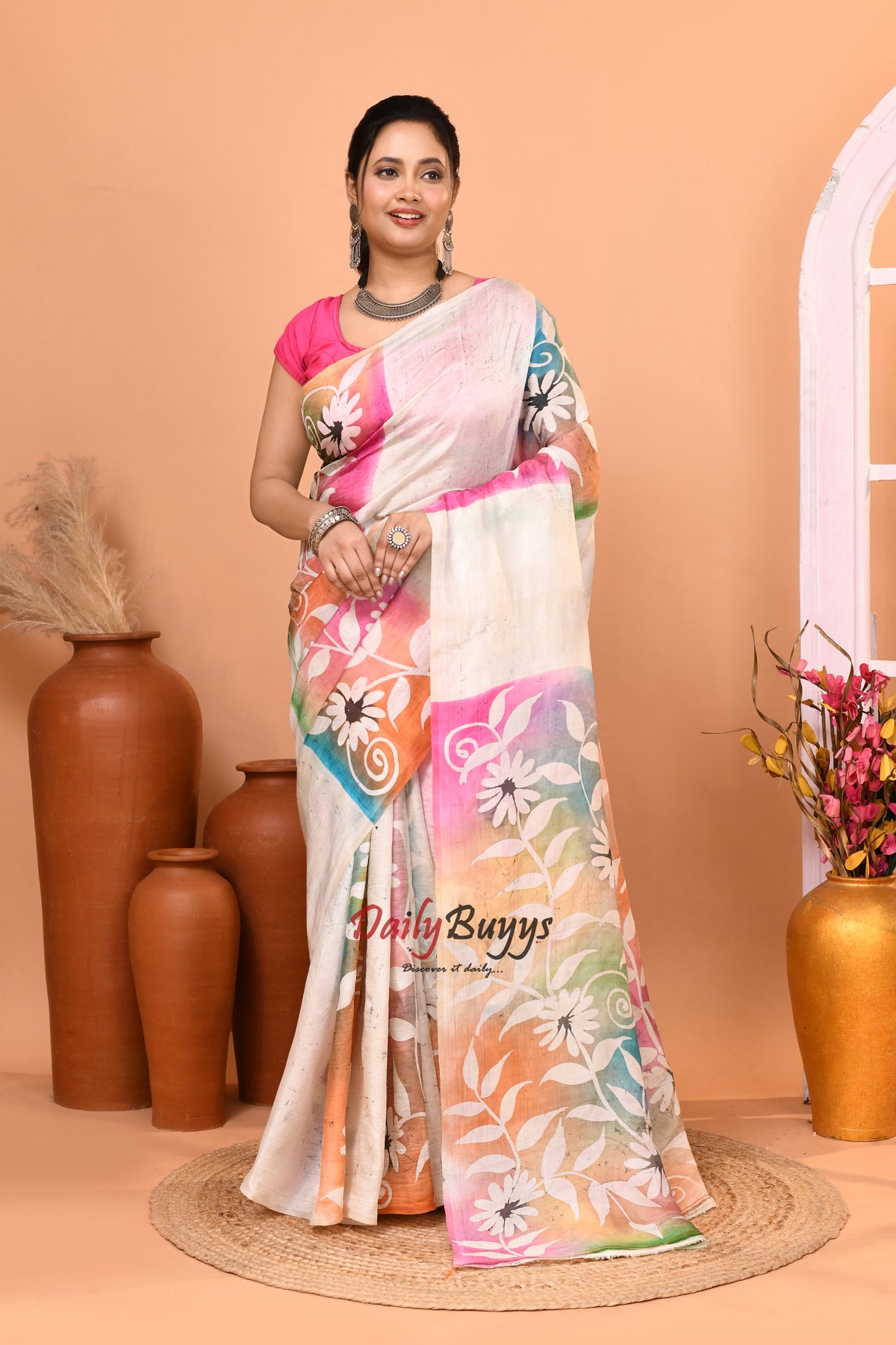 Beige Crack Wax Batik Hand Painted Pure Silk Mark Certified Bishnupuri Silk Sarees