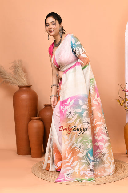Beige Crack Wax Batik Hand Painted Pure Silk Mark Certified Bishnupuri Silk Sarees