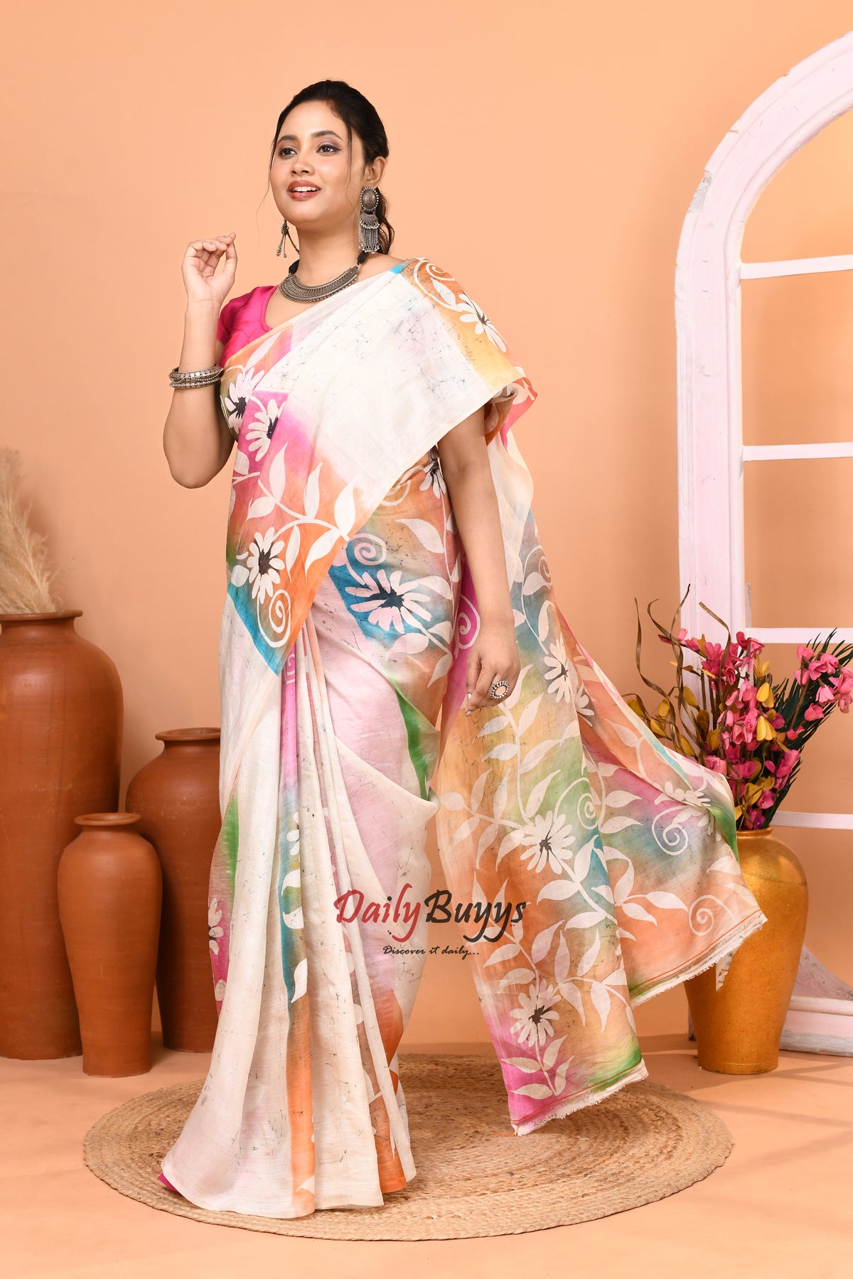 Beige Crack Wax Batik Hand Painted Pure Silk Mark Certified Bishnupuri Silk Sarees