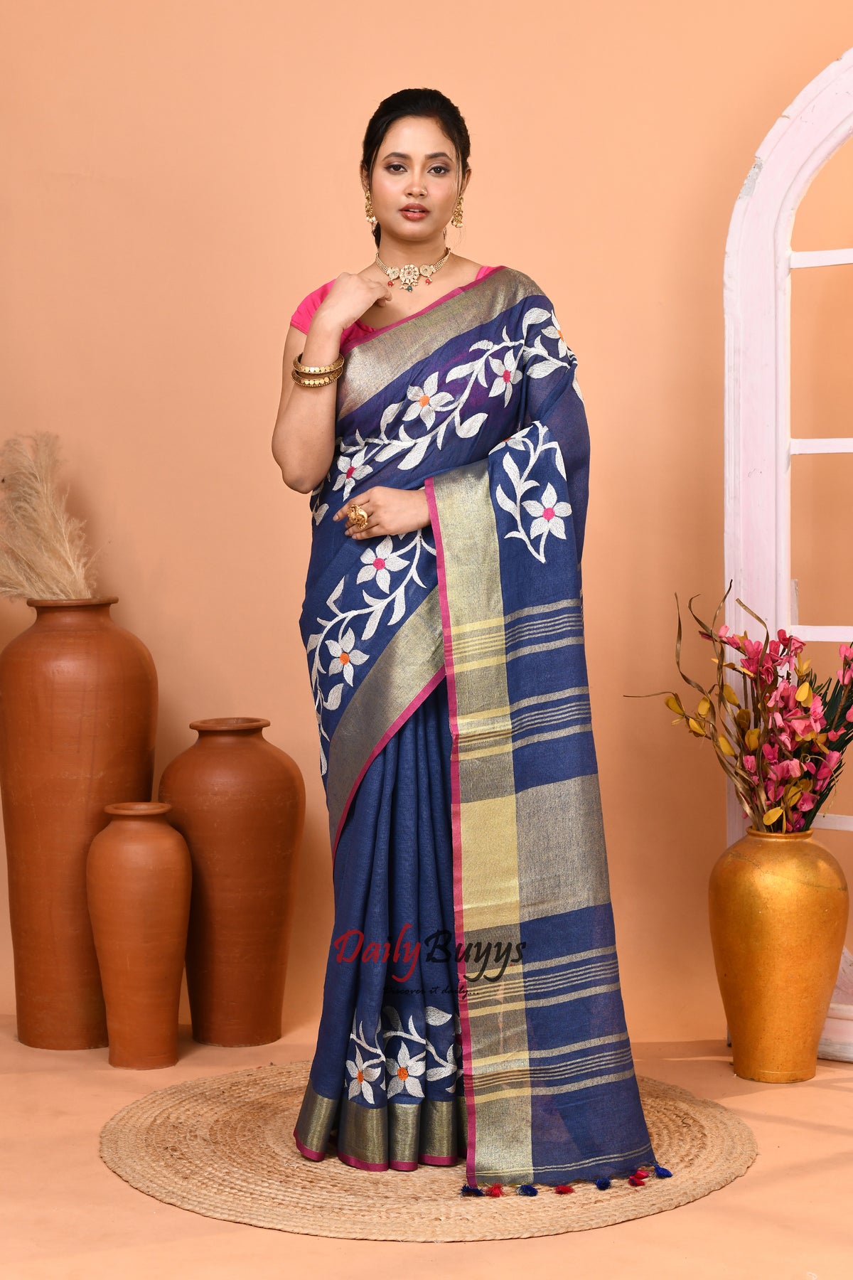 Blue Jamdani Pure Linen Sarees