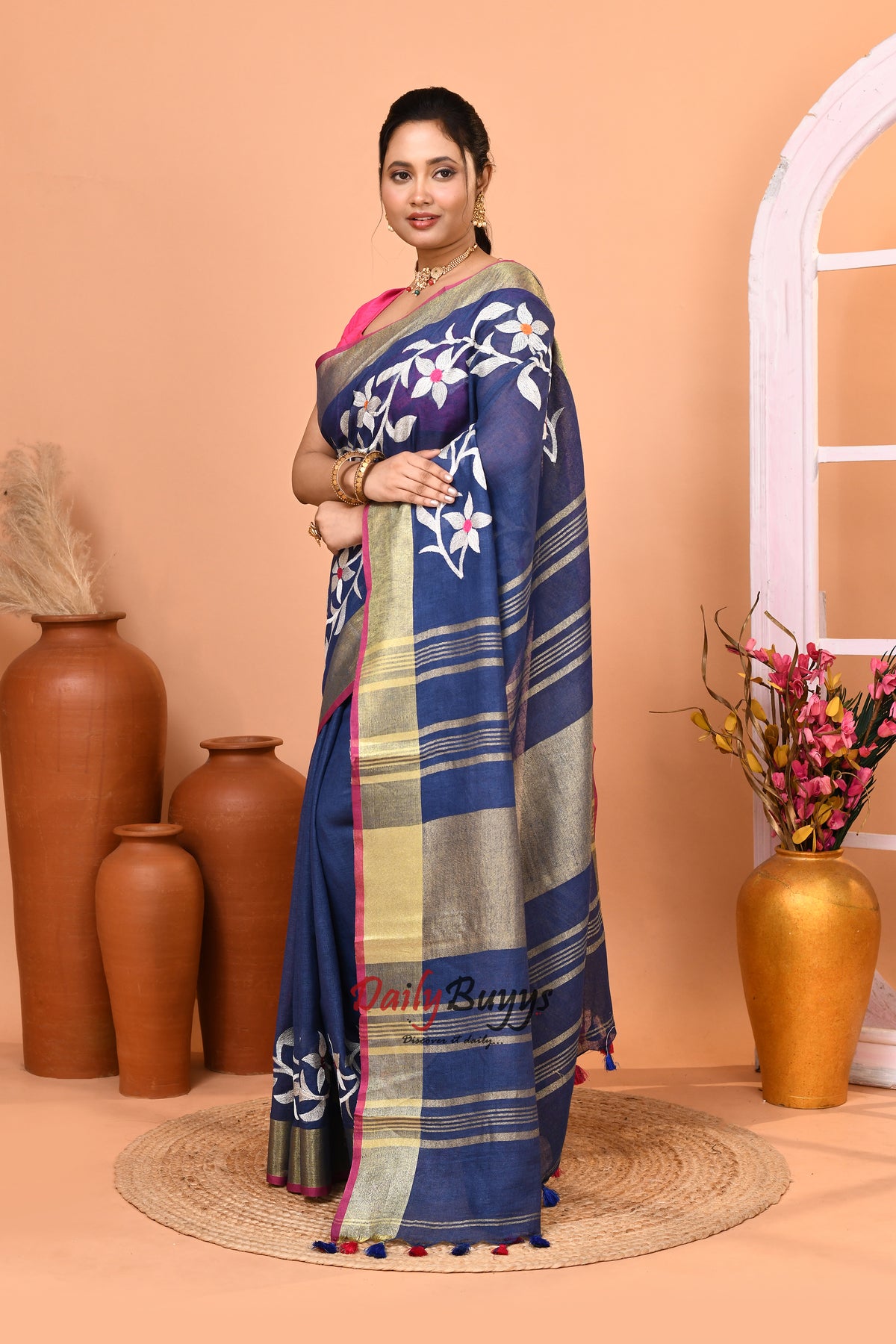 Blue Jamdani Pure Linen Sarees