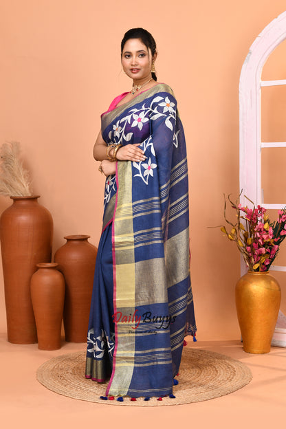 Blue Jamdani Pure Linen Sarees