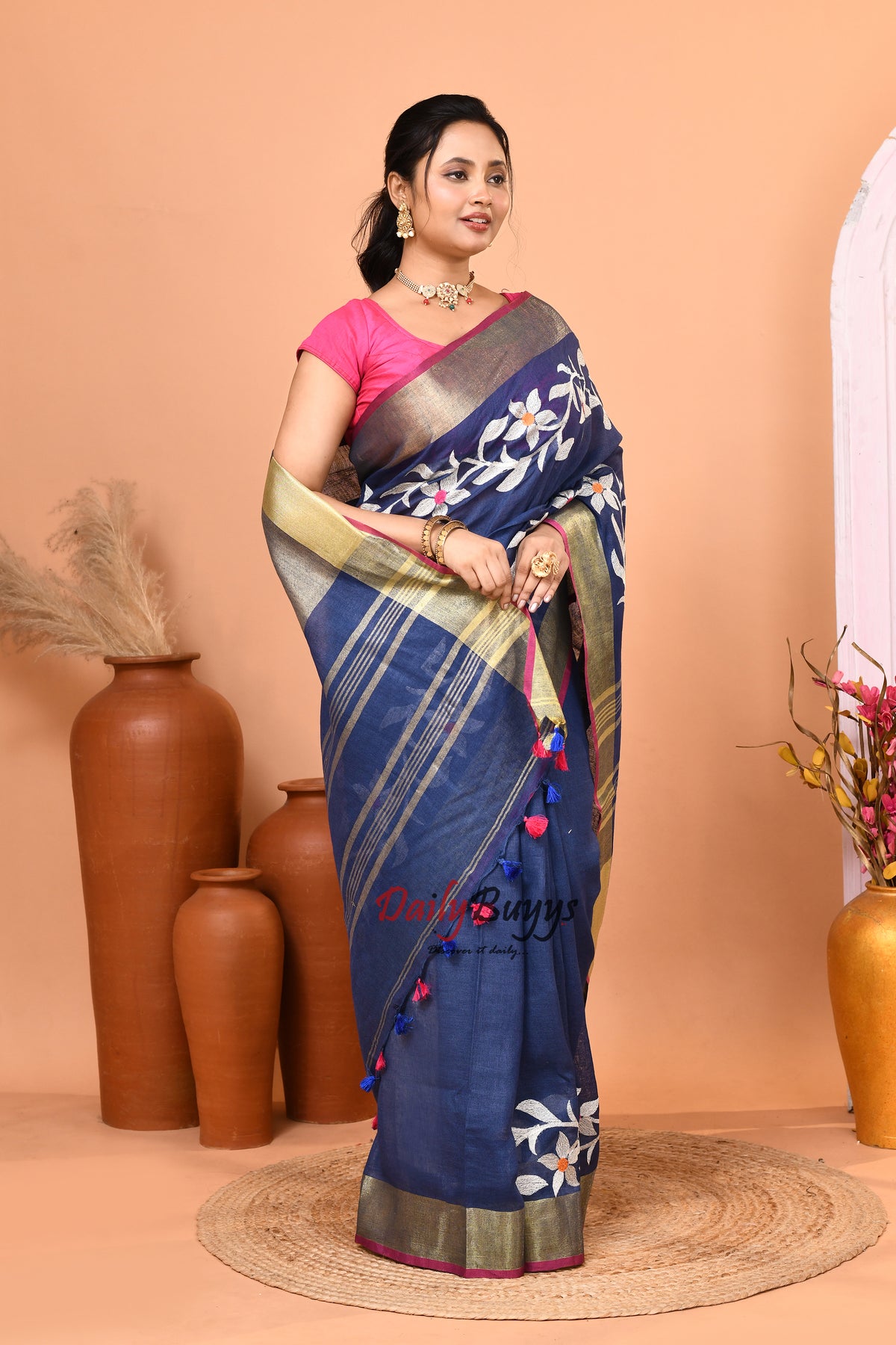 Blue Jamdani Pure Linen Sarees