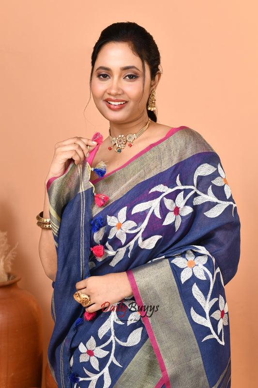 Blue Jamdani Pure Linen Sarees