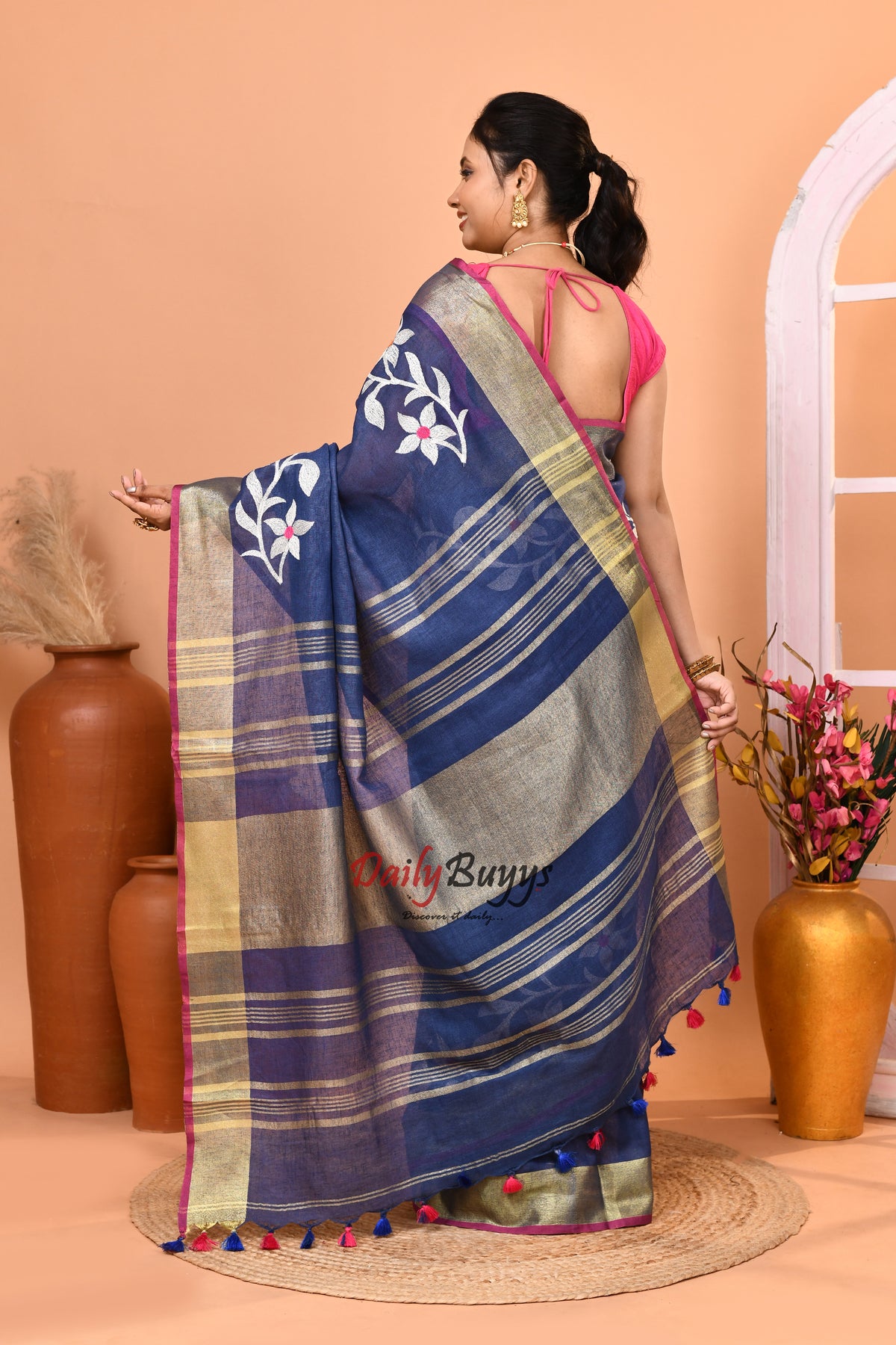 Blue Jamdani Pure Linen Sarees
