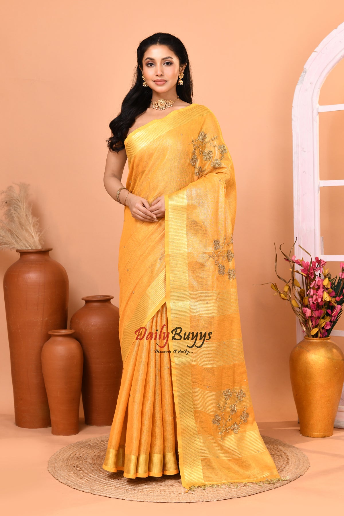 Granola Yellow Hand Work Tissue Pure Linen Sarees