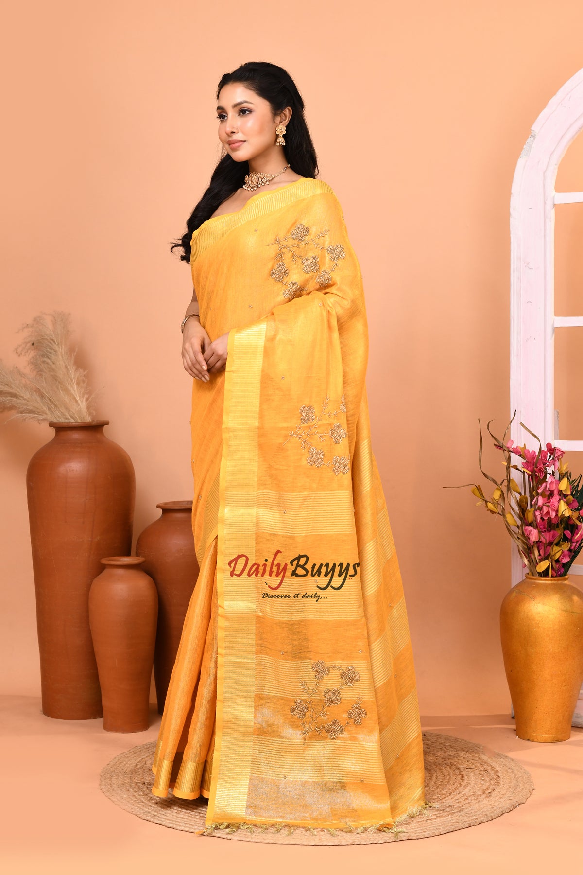 Granola Yellow Hand Work Tissue Pure Linen Sarees