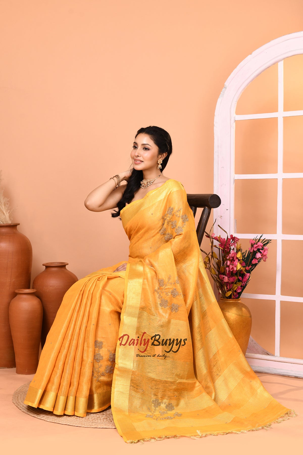 Granola Yellow Hand Work Tissue Pure Linen Sarees
