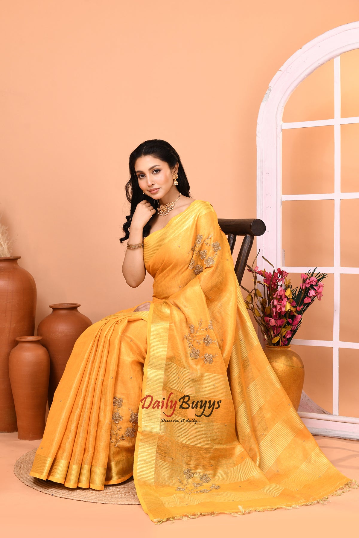Granola Yellow Hand Work Tissue Pure Linen Sarees