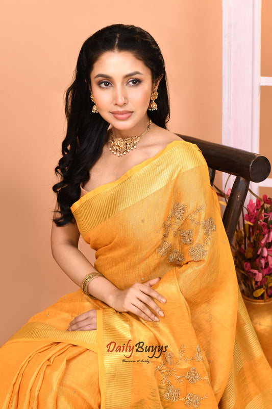 Granola Yellow Hand Work Tissue Pure Linen Sarees