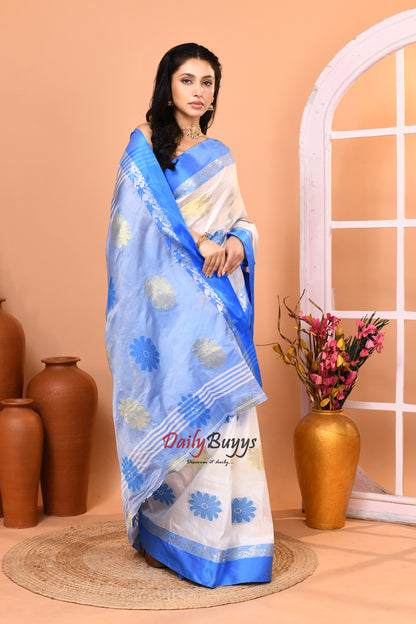 Blue White Semi Tussar Silk Sarees