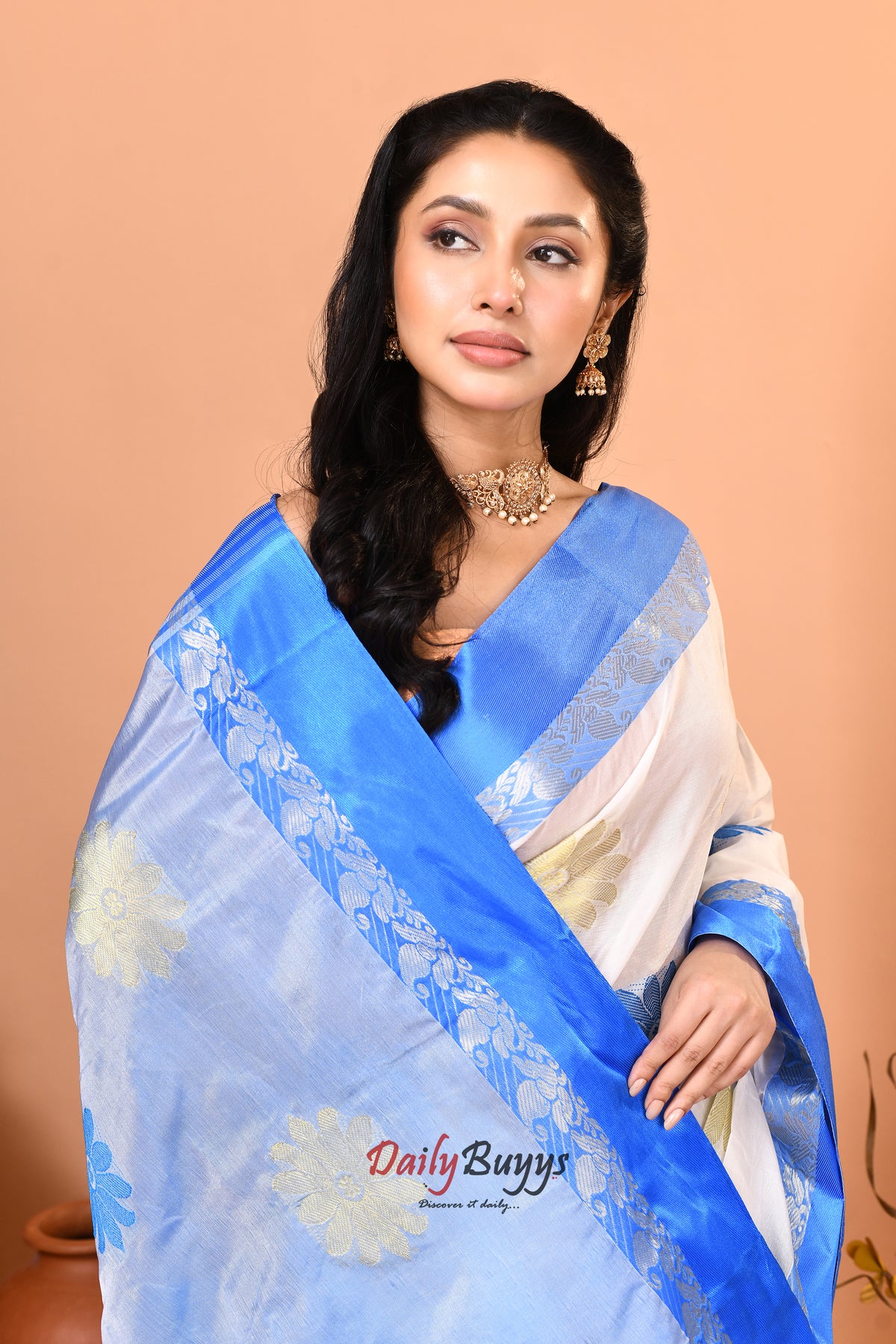 Blue White Semi Tussar Silk Sarees