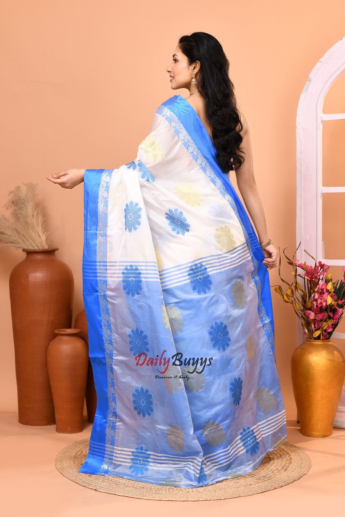 Blue White Semi Tussar Silk Sarees