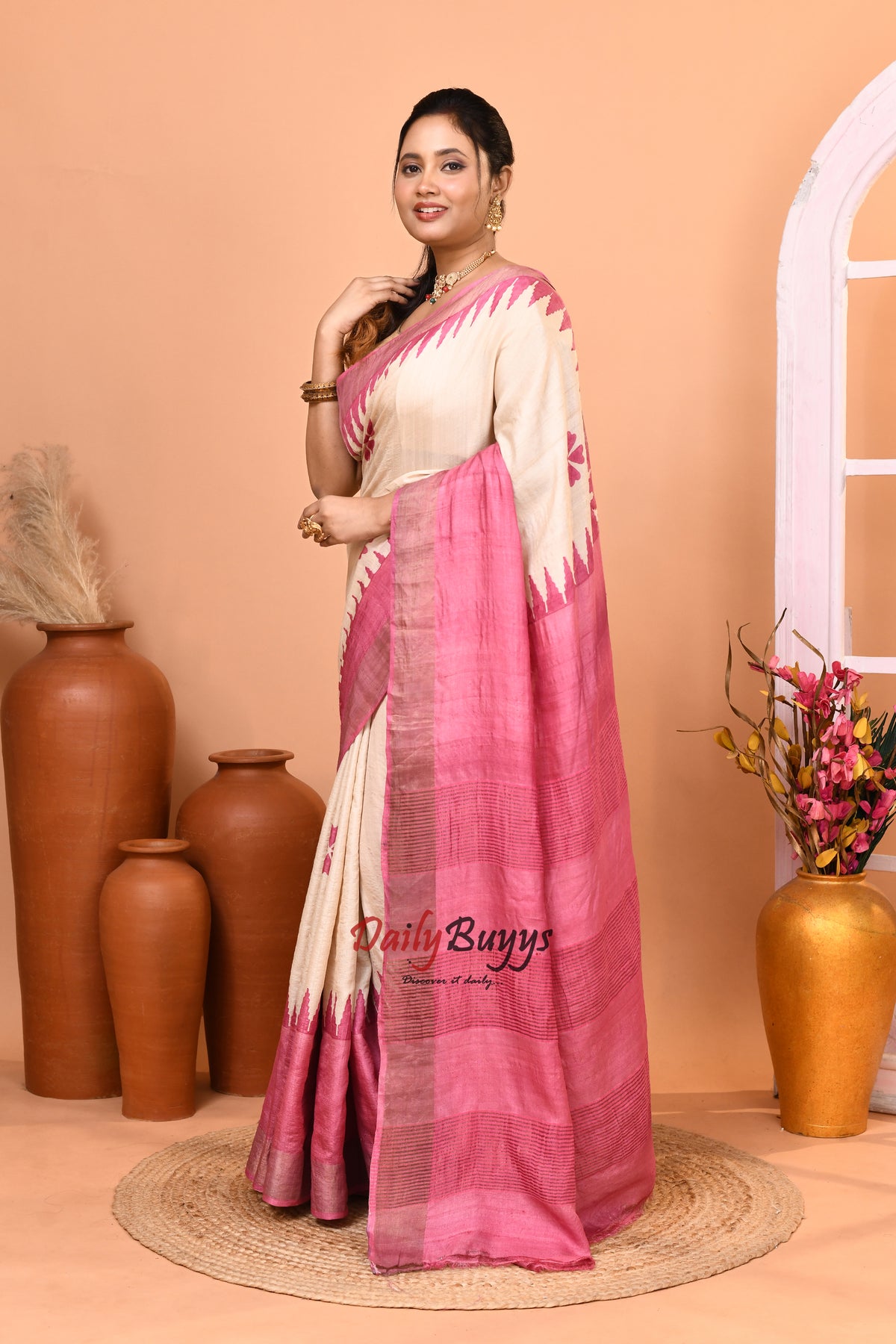 Pink Block Printed Zari Border Pure Silk Mark Certified Tussar Silk Sarees
