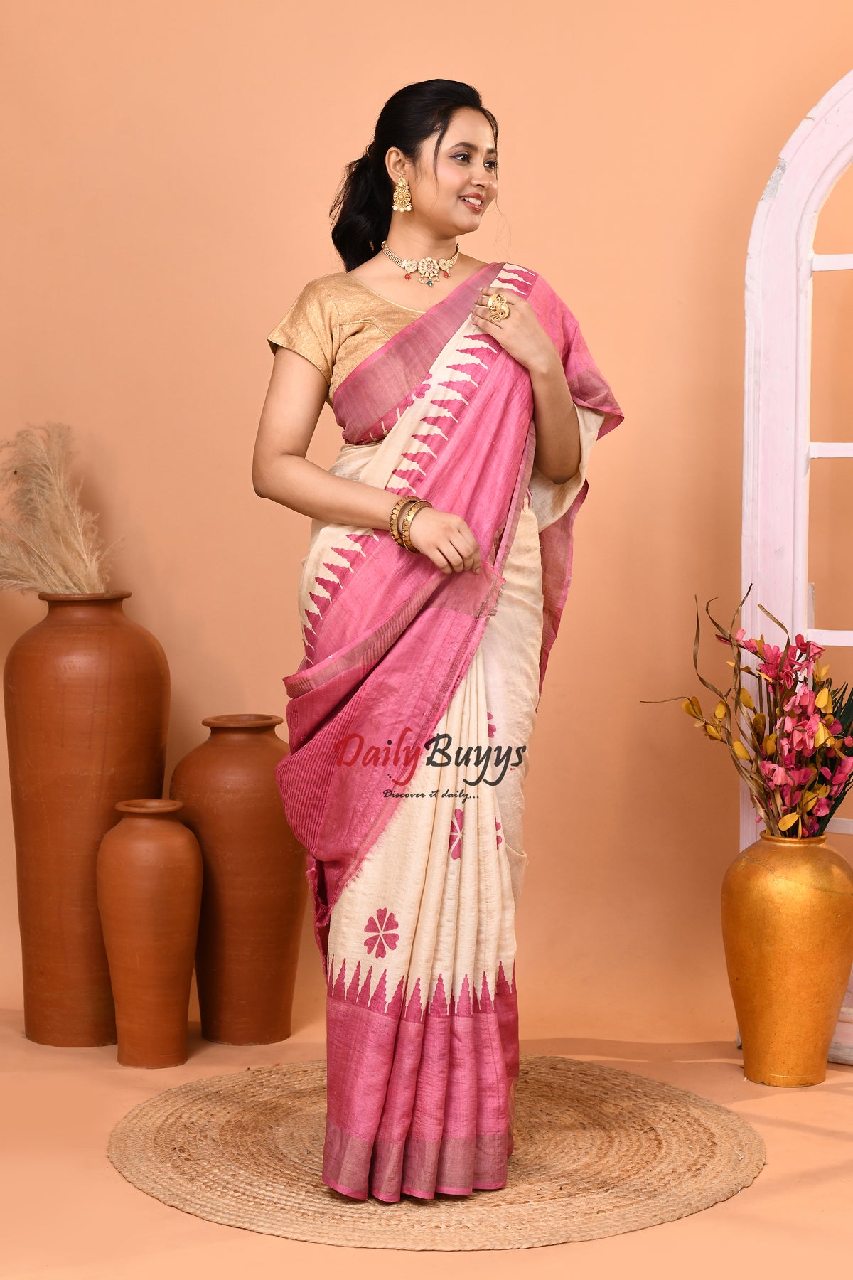 Pink Block Printed Zari Border Pure Silk Mark Certified Tussar Silk Sarees