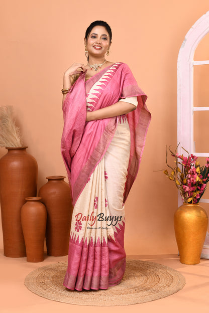 Pink Block Printed Zari Border Pure Silk Mark Certified Tussar Silk Sarees