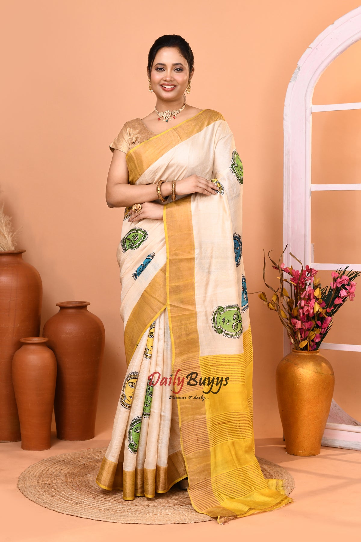 Mustard Yellow Beige Zari  Block Printed Zari Border Pure Silk Mark Certified Tussar Silk Sarees