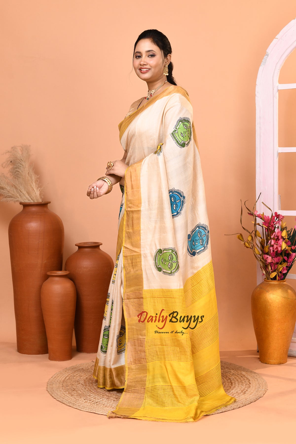 Mustard Yellow Beige Zari  Block Printed Zari Border Pure Silk Mark Certified Tussar Silk Sarees