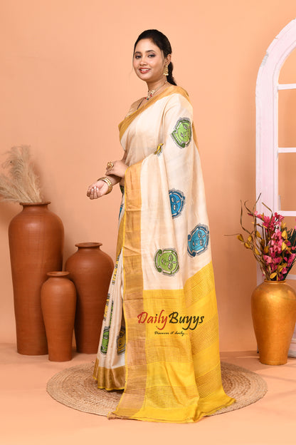 Mustard Yellow Beige Zari  Block Printed Zari Border Pure Silk Mark Certified Tussar Silk Sarees