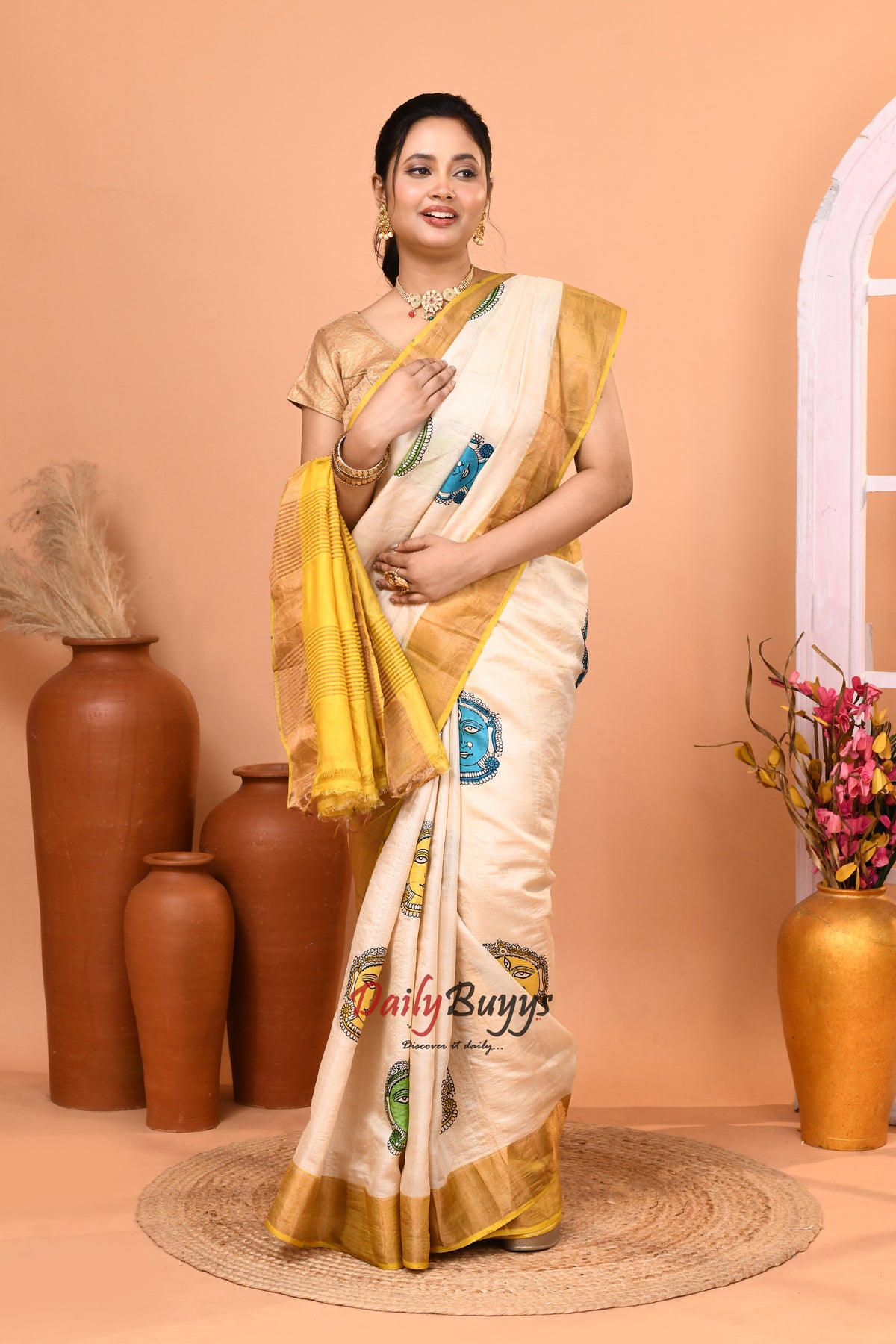 Mustard Yellow Beige Zari  Block Printed Zari Border Pure Silk Mark Certified Tussar Silk Sarees