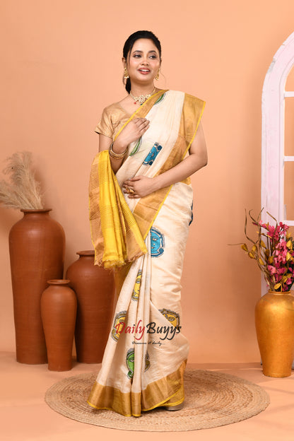 Mustard Yellow Beige Zari  Block Printed Zari Border Pure Silk Mark Certified Tussar Silk Sarees
