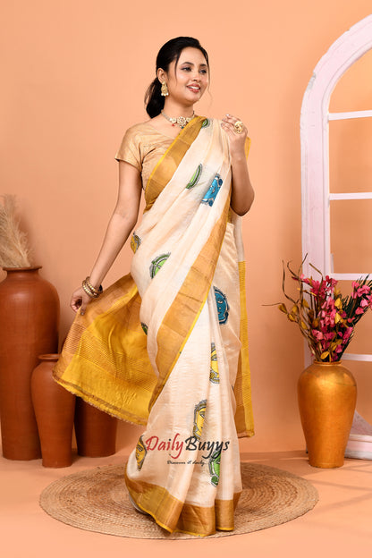 Mustard Yellow Beige Zari  Block Printed Zari Border Pure Silk Mark Certified Tussar Silk Sarees