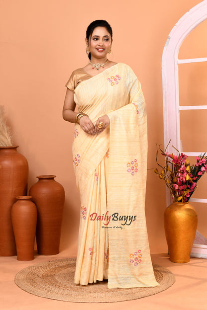 New Tussar Ghicha Madhubani Hand Embroidery Pure Silk Mark Certified Tussar Silk Sarees