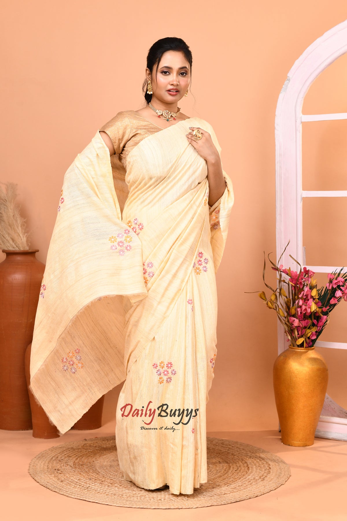 New Tussar Ghicha Madhubani Hand Embroidery Pure Silk Mark Certified Tussar Silk Sarees