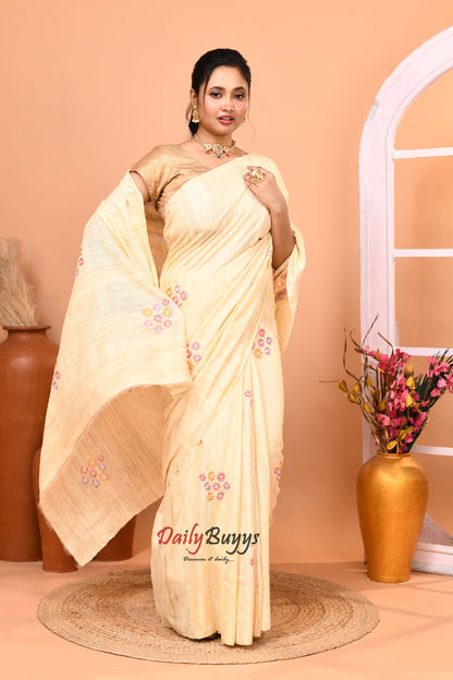 New Tussar Ghicha Madhubani Hand Embroidery Pure Silk Mark Certified Tussar Silk Sarees