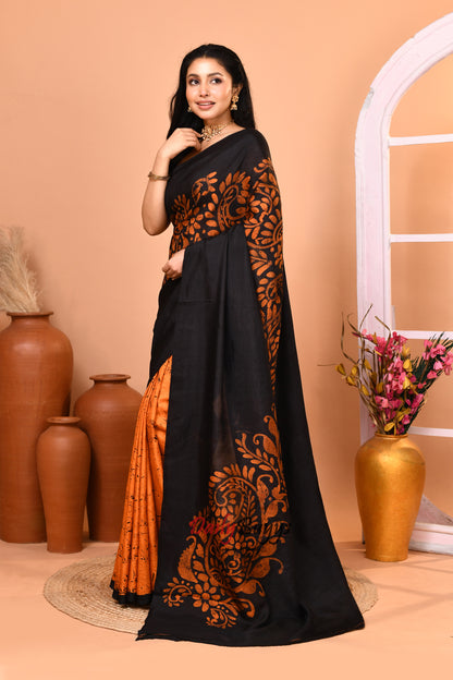 Black Golden Yellow  Wax Hand Painted Pure Silk Mark Certified Bishnupuri Silk Sarees