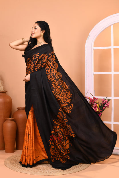 Black Golden Yellow  Wax Hand Painted Pure Silk Mark Certified Bishnupuri Silk Sarees