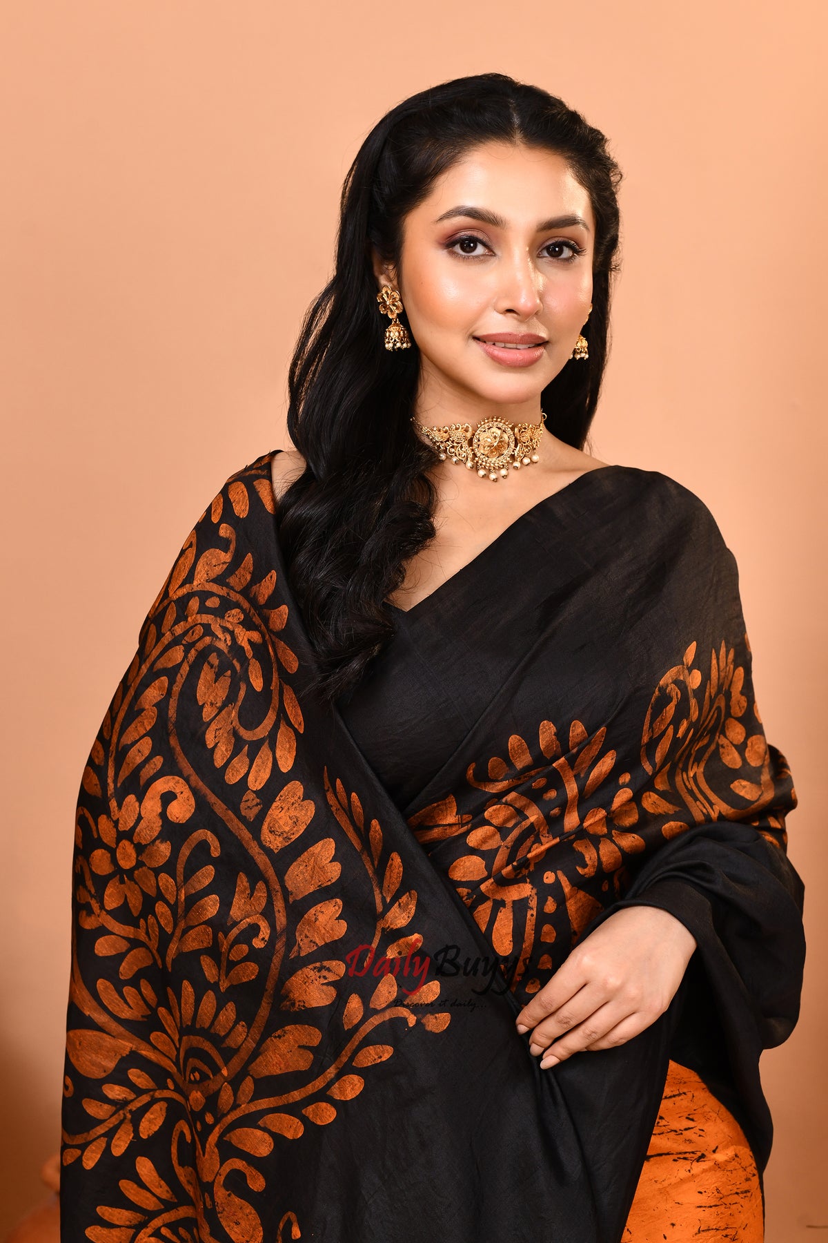 Black Golden Yellow  Wax Hand Painted Pure Silk Mark Certified Bishnupuri Silk Sarees
