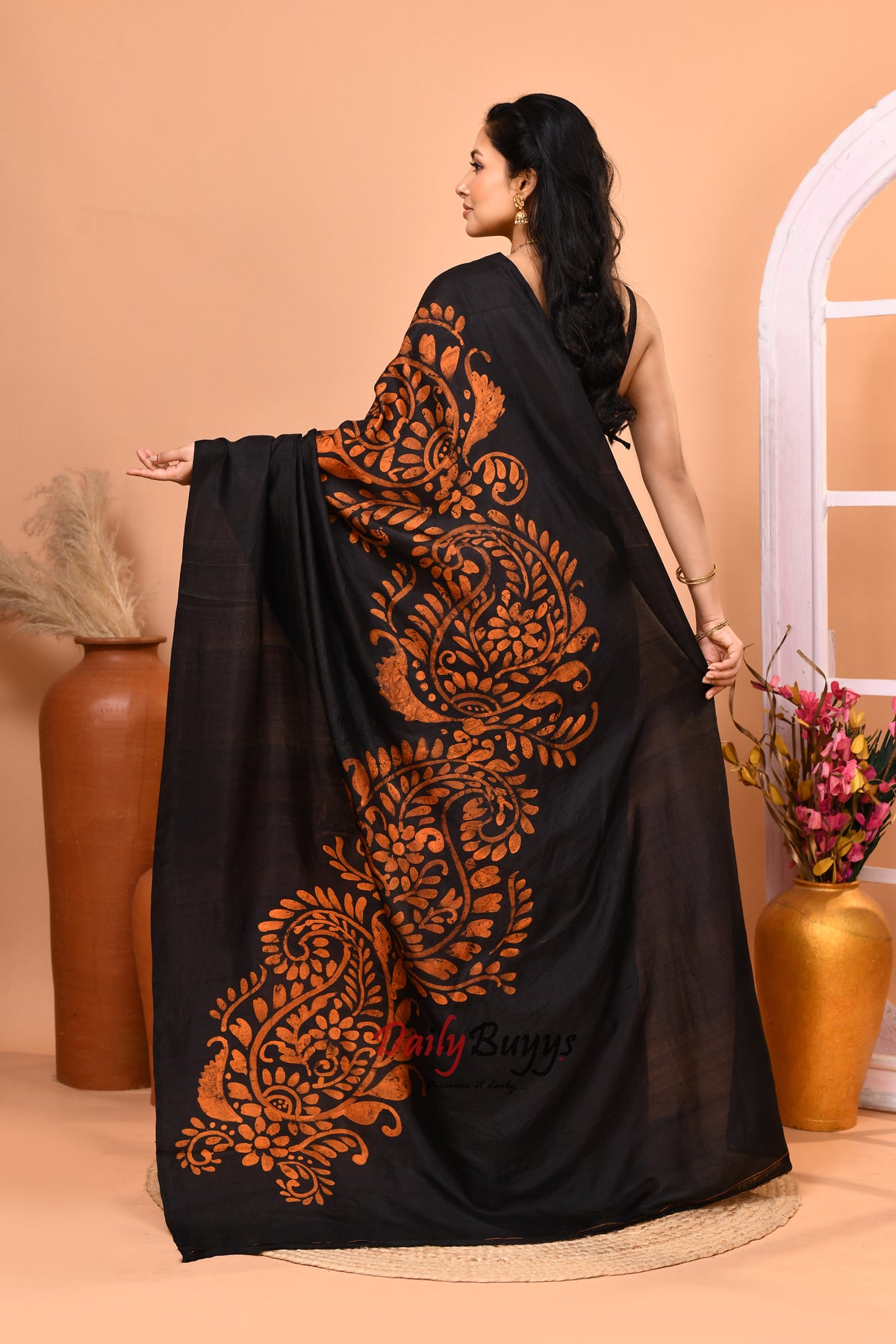 Black Golden Yellow  Wax Hand Painted Pure Silk Mark Certified Bishnupuri Silk Sarees