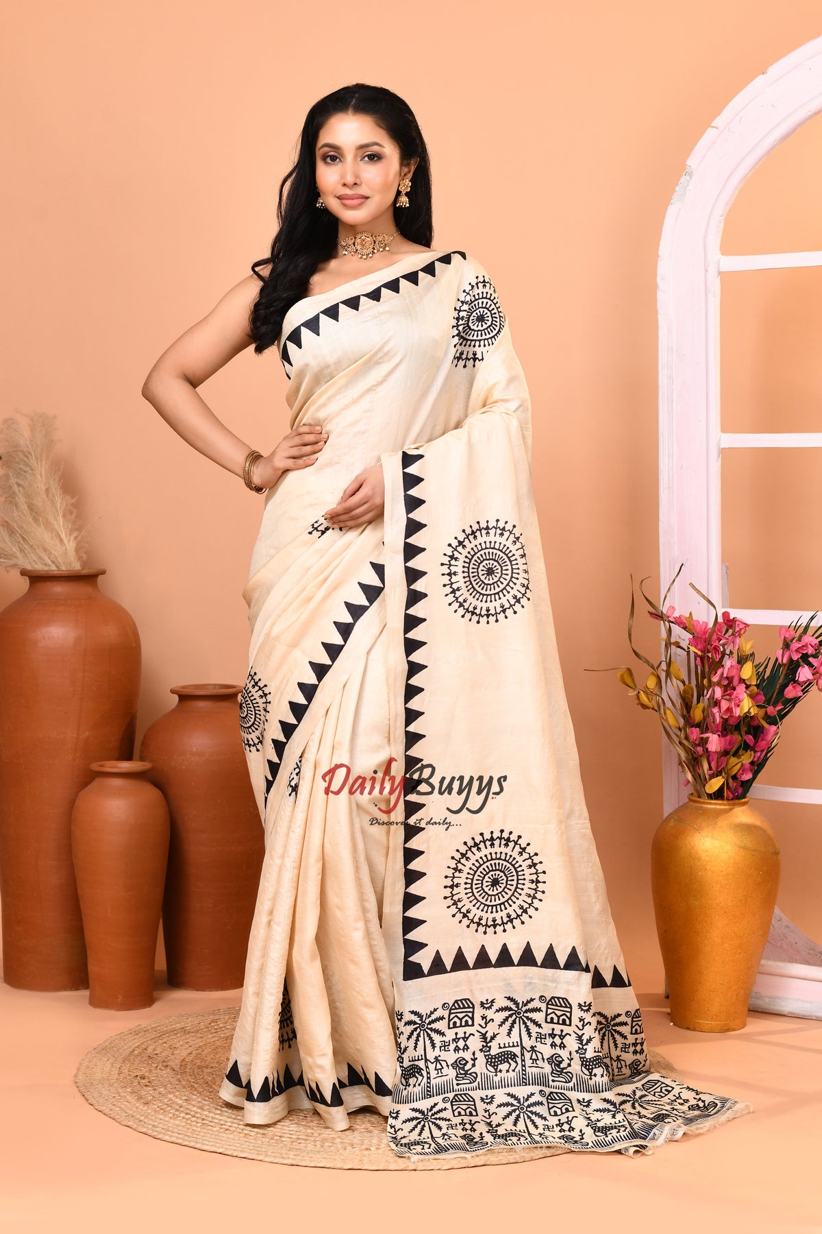 Beige Black Folk Design Block Printed Pure Silk Mark Certified Tussar Silk Sarees