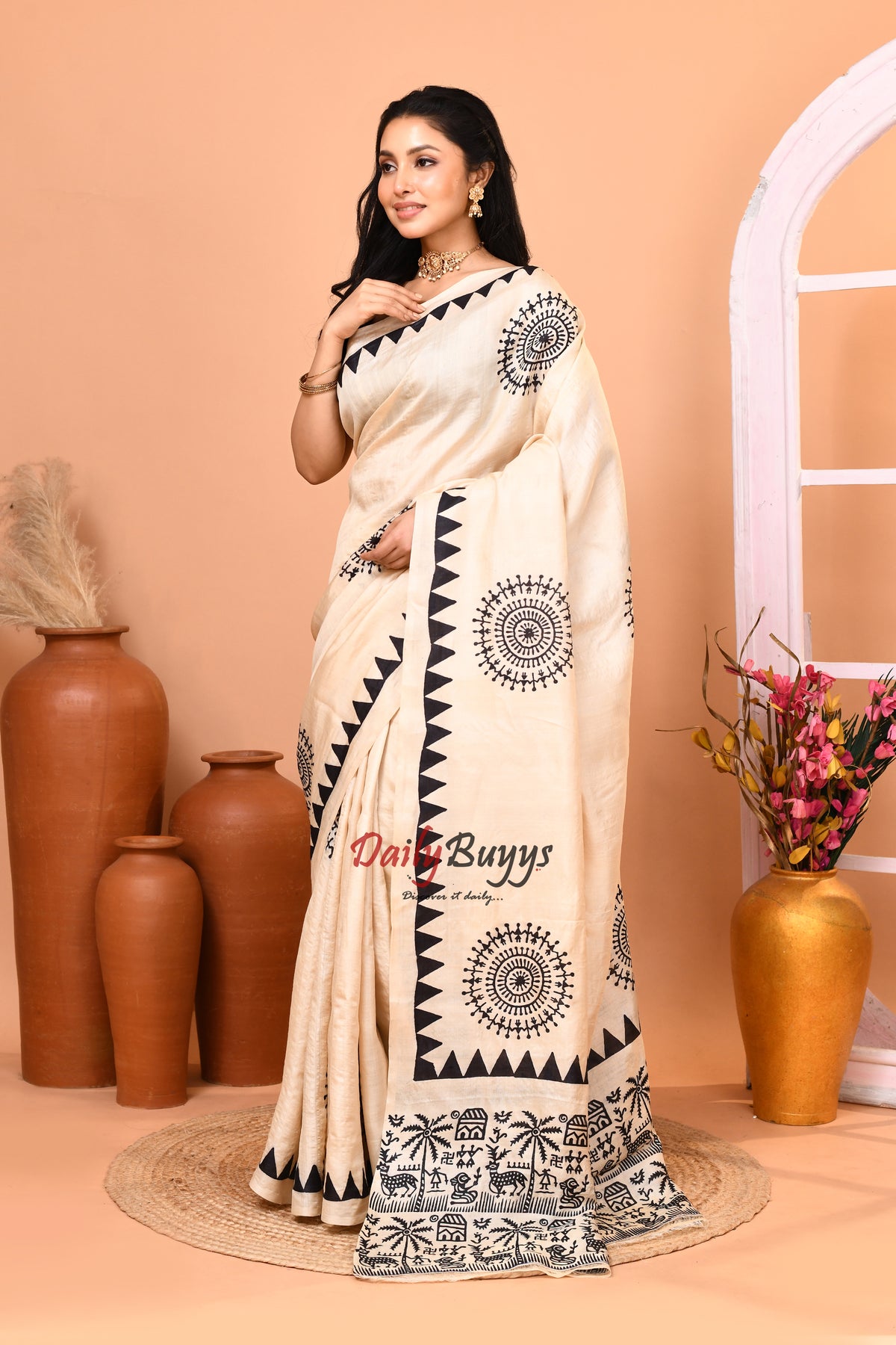 Beige Black Folk Design Block Printed Pure Silk Mark Certified Tussar Silk Sarees